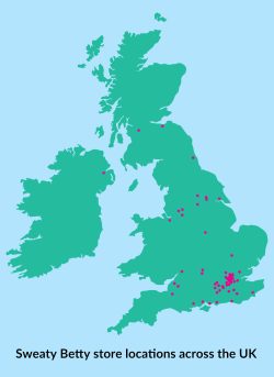 Map of Sweaty Betty store locations in the UK